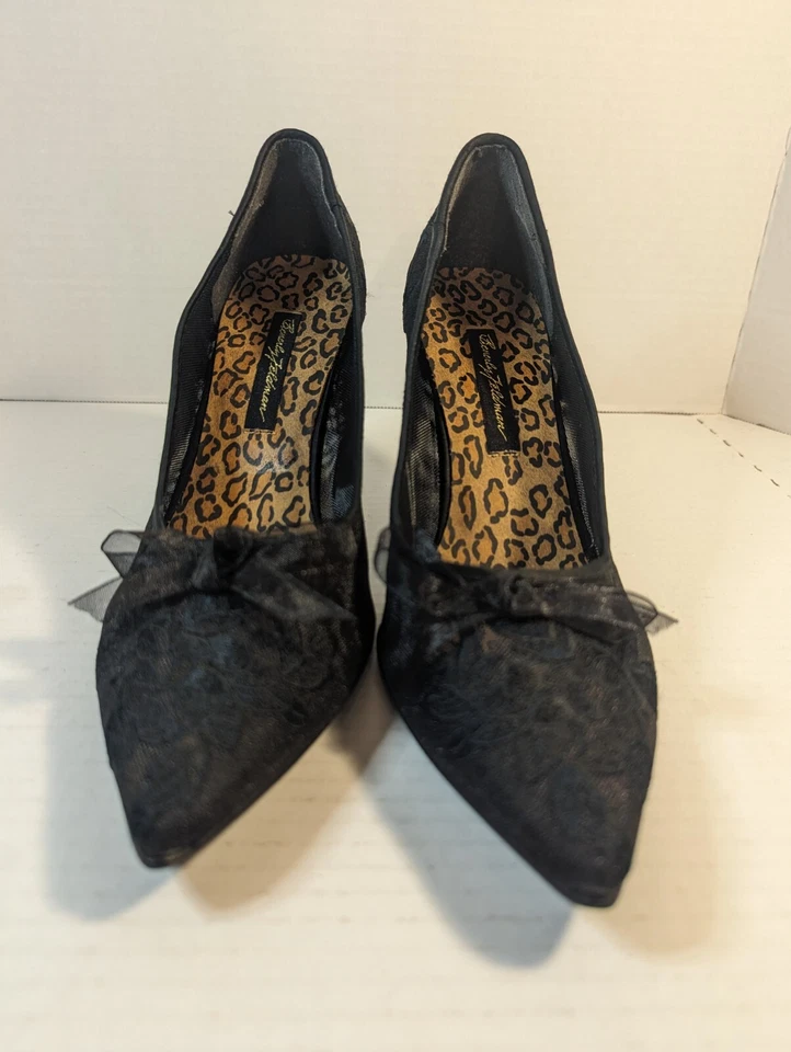 BEVERLY FELDMAN Black Mesh PUMP 3" HEELS SIZE 8.5 Bow Pointed Toes Vintage - Image 3 of 4