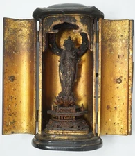 Japanese wooden Buddha figure with halo in a small house, antique 0120F1