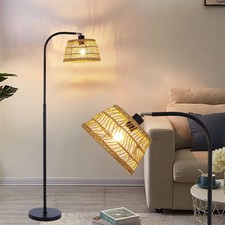 Alexcya Black Rattan Arched Floor Lamp with Remote Control and Dimmable Bulb