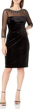 TAHARI Stretch Velvet Side Ruched Beaded Illusion Neckline Dress Size 14 $148