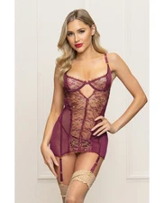 Seven ’til Midnight Metallic Lace Gartered Chemise & Thong Plum