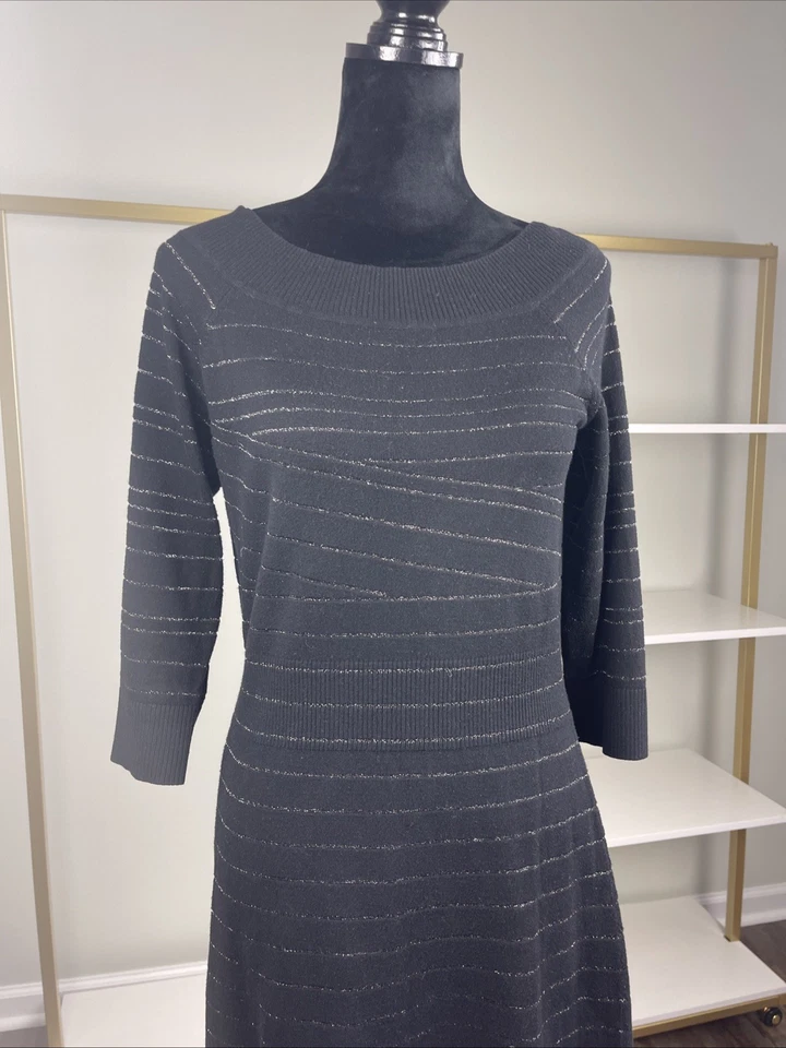 White House Black Market Black Knit Dress w/ Subtle Metallic Stripes – Size M - Image 3 of 4