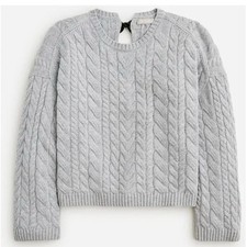 J Crew Tie Bow Back Cable Knit Wool Blend Boxy Preppy Cute Sweater Gray Large