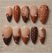 Handmade Autumn Fall Pumpkin Leaf Press on Nails  Medium Almond Fake Nails