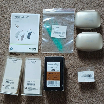 Phonak Bolero V Hearing Aid Accessory Lot: 2 Silver Cases, SlimTube, Batteries