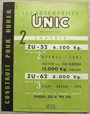 UNIC ZU52 & ZU62 LORRY CHASSIS Sales Brochure c1950s FRENCH TEXT