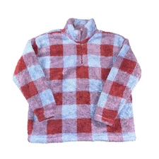 Eddie Bauer Pullover Womens XL Sherpa Fuzzy Plaid Checkered Half Zip Cozy Sweate