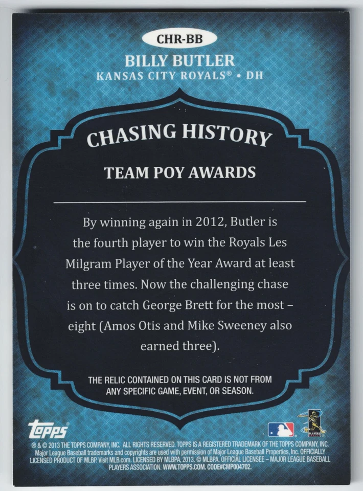 2013 Topps Billy Butler Chasing History Jersey Relic Memorabilia #CHR-BB Royals - Image 2 of 2
