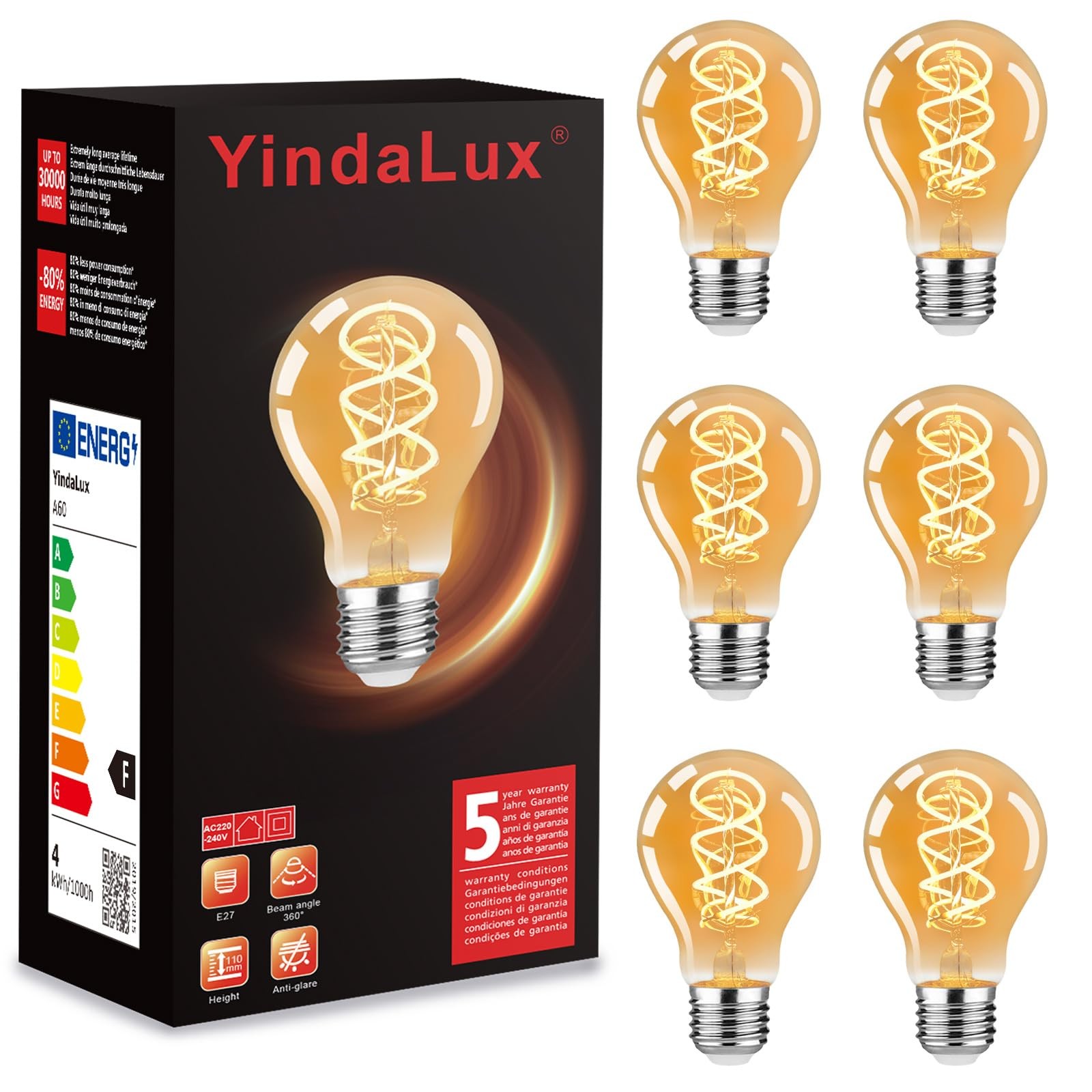 Ampoule E27 Edison vintage ambrée en verre rétro avec filament LED