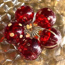 5 Gold Decorated Red Blown Glass Ball Christmas Ornaments 1" NOS