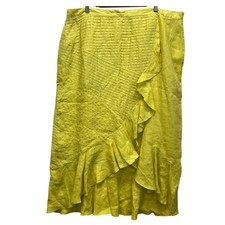 WAY Linen Wrap Skirt Ruffle Diagonal Pintuck Pleated Midi Bright Yellow Sz 18