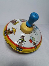 VTG Ohio Art Metal Spinning Top W/Wood Handle Litho Tin Toy Circus Train WORKS