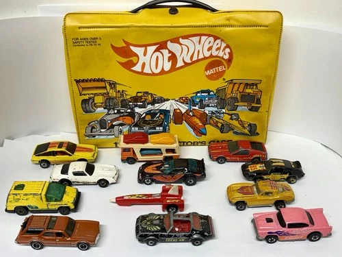 Vintage Hot Wheels Yellow 12 Car Collector Case w/ Mixed Cars Lot Mattel Used