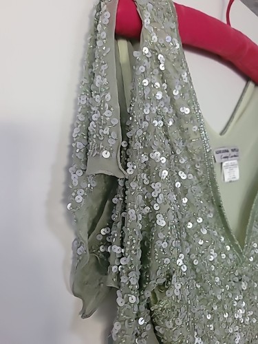 Blusa Adrianna Papell Noche Cuello en V Seda Lentejuelas, Top Nueva Talla L Verde Pálido - Imagen 6 de 8