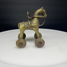 Vintage Cast Iron Horse Pull Toy with Rider, 4 Wheel Rolling Figurine