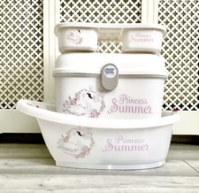 Personalised Baby Bath, Baby Box, top and tail tray Swan Set