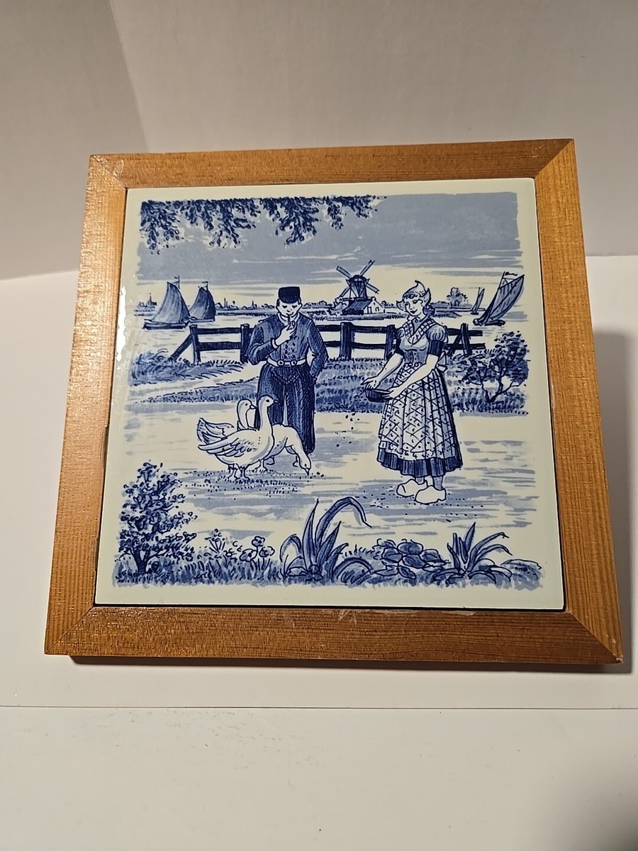 Delft Blue Framed Tile, Geese Windmill, Holland Hand Painted 7x7