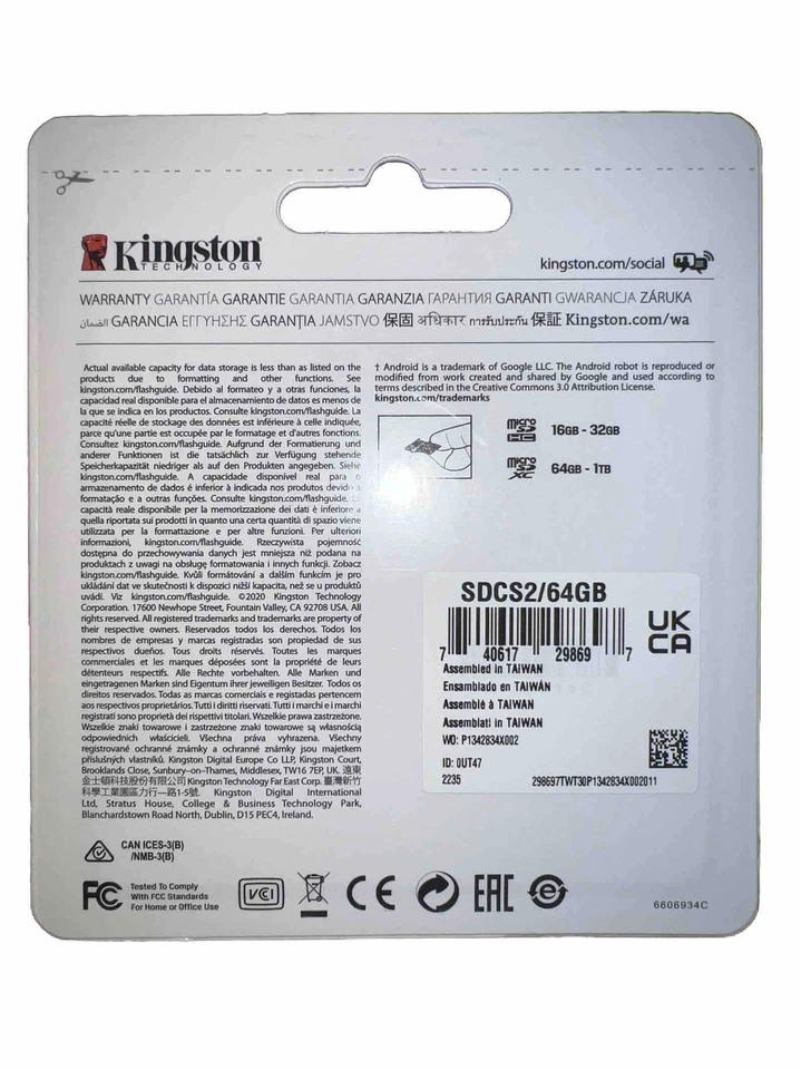 Kingston 64GB MicroSD SDXC Class10 Memory Card TF 100MBs with Adapter Pack Of 20 - Image 3 of 3