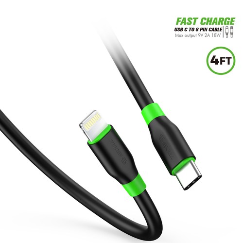 4FT PD Fast Charge USB-C to 8-Pin Cable - Black