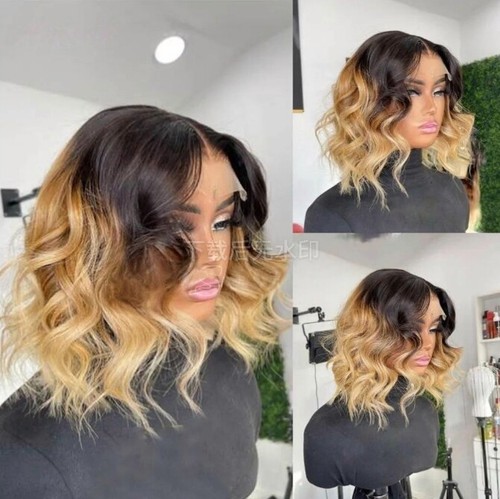 Ombre blonde kurze Bob Körperwelle Echthaarperücke 13x4 Lace Front Wig vorgezupft  - Bild 2 von 10