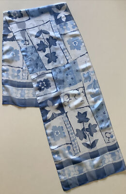 } Ein blau und grau Blumenmuster Vintage Damen Chiffon Satin Selbststreifen Schal