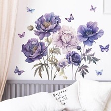 Watercolor Flowers Wall Decals Large Purple Rose Peony Wall Stickers Peel and...