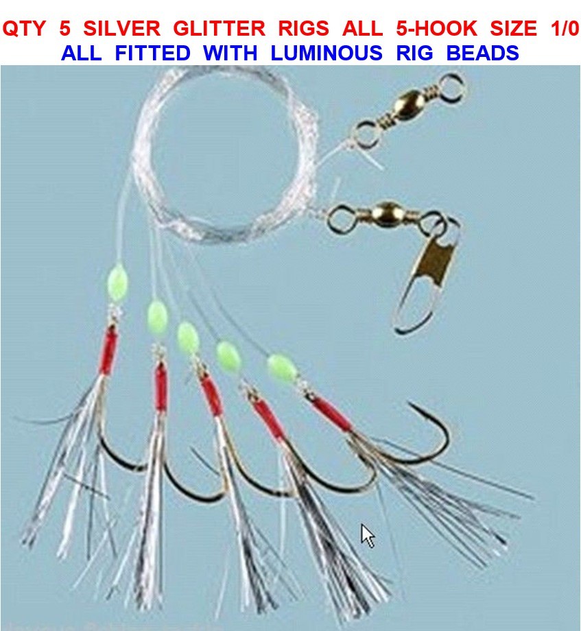 5 SILVER GLITTER RIGS 5 HOOK1/0 SEA FISHING SPINNING MACKEREL FEATHERS COD LURES