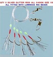 5 SILVER GLITTER RIGS 5 HOOK1/0 SEA FISHING SPINNING MACKEREL FEATHERS COD LURES