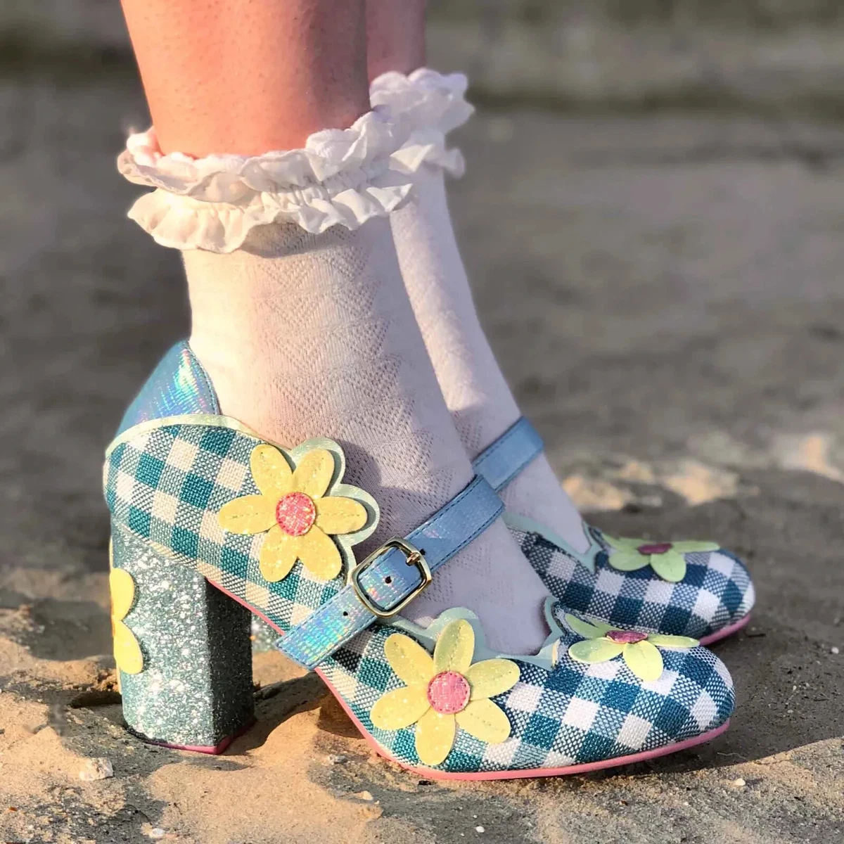 Irregular Choice Daisy Dancer Party Heels MaryJane Shoes Blue Gingham  Flowers