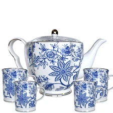 Teapot & 4 Teacups/Coffee Mugs Blue Vines Gold Trim Rim & Handle by Grace's Tea