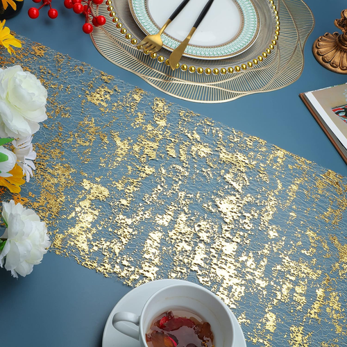 2 Pieces Gold Table Runner, Sequin Glitter Foil Metallic Thin Mesh Runner Roll 1 - Picture 3 of 12