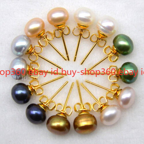 Wholesale 7 Pairs 7-8mm Multi-Color Freshwater Pearl Gold-plated Stud Earrings - Picture 1 of 12
