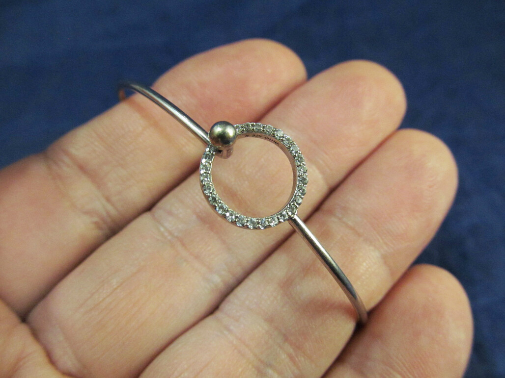 Signed N Sterling Silver Thin Bangle Bracelet wit… - image 1