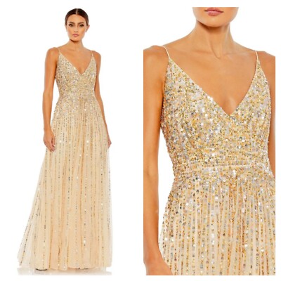 Mac Duggal size 16 Gold Sequin Wrap Over Aline Spaghetti Strap 10928 Dress
