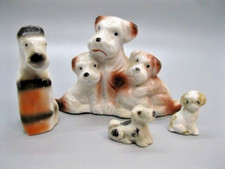 4 Vintage Terrier Dog Figurines Japan Glazed  Bisque Mother  Puppies Assort Sz