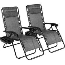 Set of 2 Folding Zero Gravity Chairs Outdoor Lounge Recliner with Holding Tray