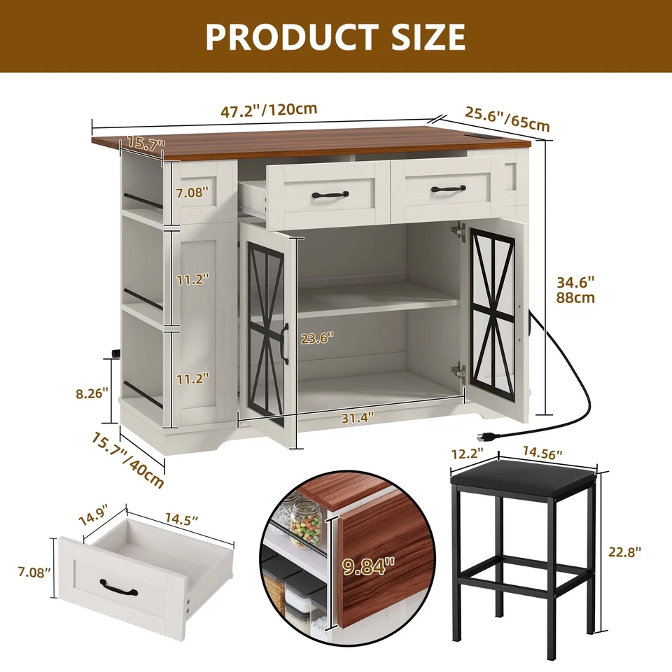 Large Kitchen Island w/ Storage Drop Leaf & 2 Bar Stools Portable Islands Table - Image 3 of 4