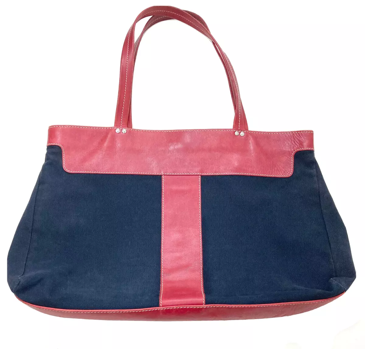 BARNEYS NEW YORK NAVY BLUE CANVAS TOTE PURSE, RED LEATHER TRIM & HANDLES, ITALY