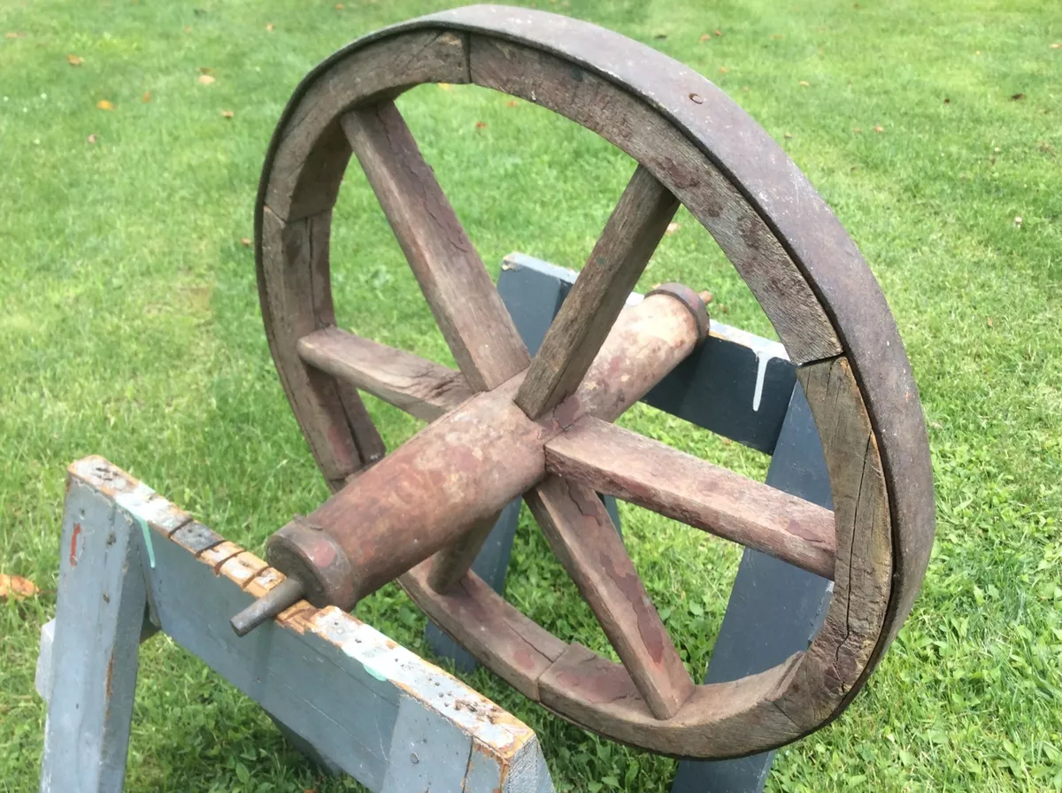 Primitive Handmade Wheelbarrow Wheel Wood Framed Metal Band Red Six Spoked
