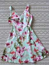 Chaps Floral Mint Green & Pink V-Neck A-Line Dress - Size UK 14 Great Condition