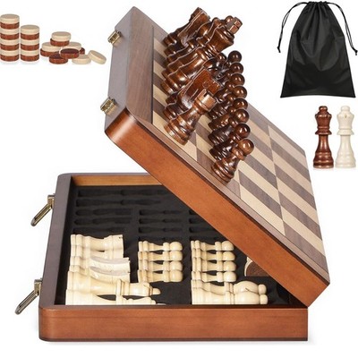 15'' Magnetic Wooden Chess Checkers Set Folding Portable Chess Game Board Travel