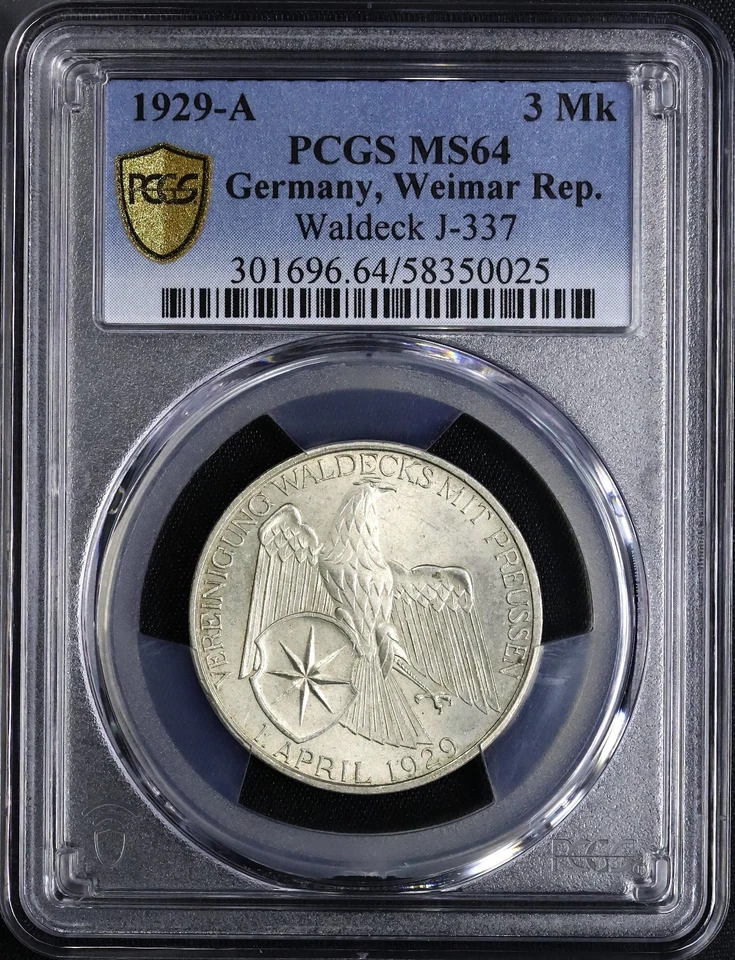 Weimarer Republik 3 Reichsmark 1929 A Waldeck PCGS MS64 - Bild 1 von 2
