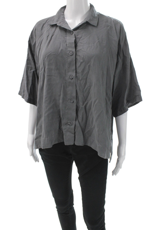 Everlane Womens Basic Gray Tencel Collared Short Sleeve Button-Up Size M