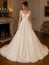 Abito da sposa A-Line manica lunga avorio pizzo abito da sposa principessa abito da sposa