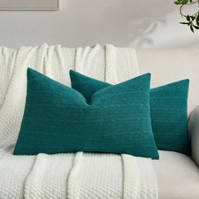 Teal Chenille Throw Pillow Covers 12x20 Inch Set of 2,Soft Striped & Diamond ...