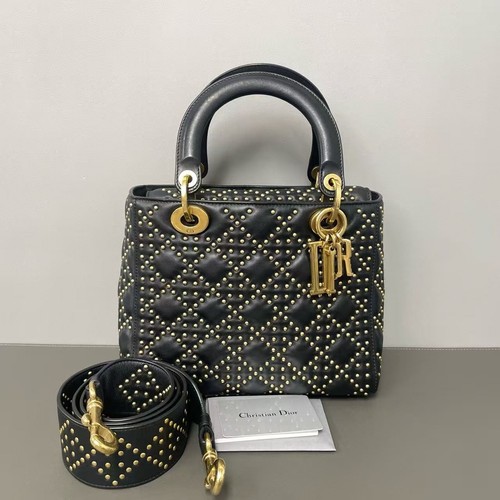 Auth Christian Dior Lady Dior Medium Black Lambskin Gold Hardware Crossbody Bag