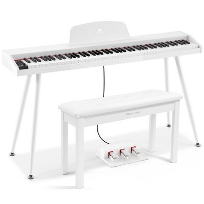 White 88 Key Semi Weighted Digital Piano Dual Keyboard w/Bench,MIDI,Triple Pedal