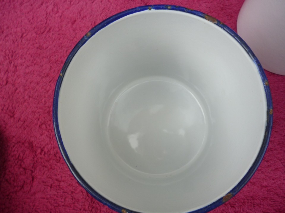 3 Vintage French White Enamel Kitchen Storage Jars with Blue Trim