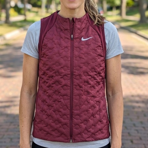 Nike AeroLoft Running Vest Womens Burgundy Quilted Down Fill Full Zip Puffer