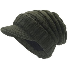Mens Beanie With Brim Winter Hat Knitted Thick Fleece Visor Bill B5042
